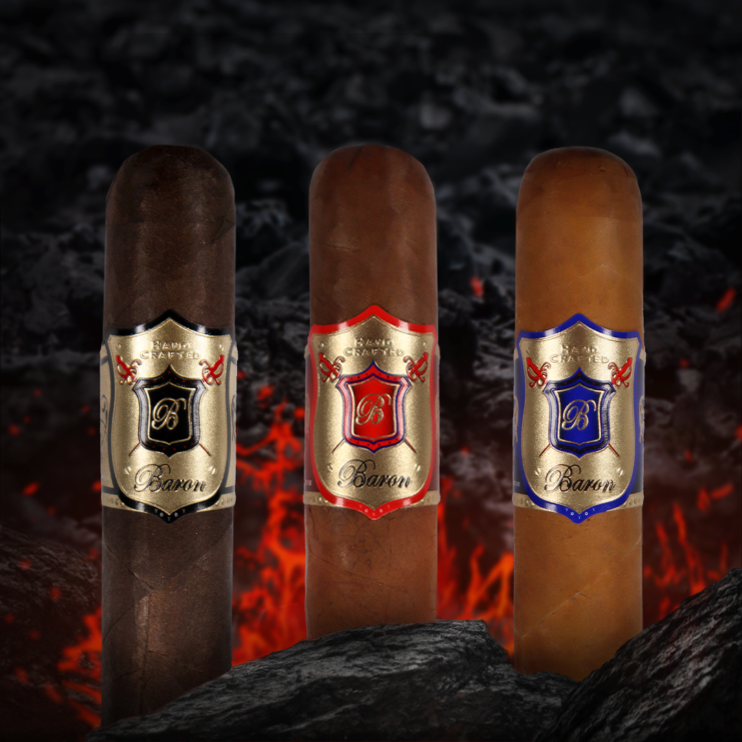 The three Baron of HAVANA blends standing side by side over glowing embers, each with its own band: Blue, Red and Black Baron.