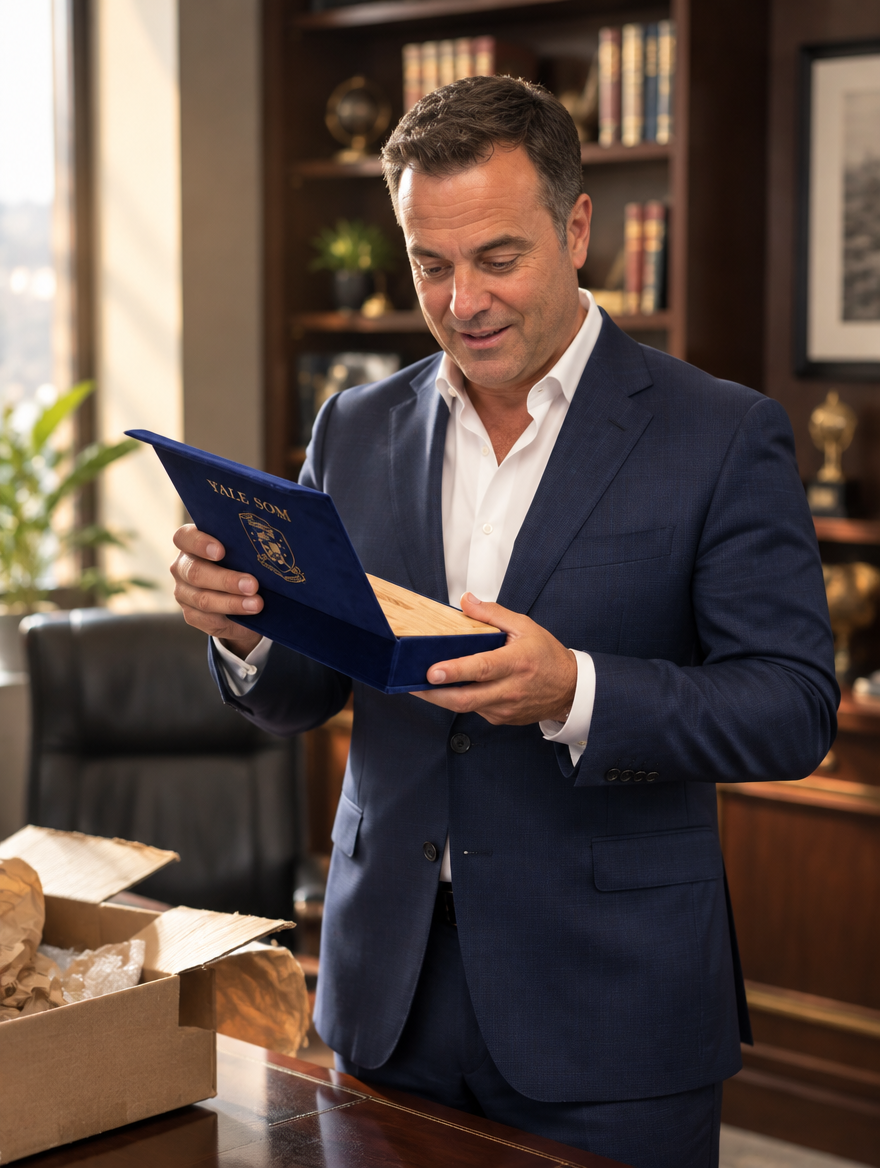 A businessman in a navy suit holding an open personalized Baron of HAVANA cigar box in his office.