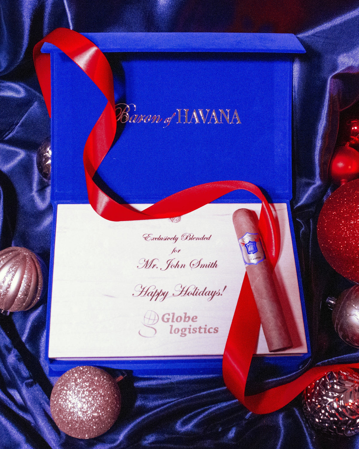 A Baron of HAVANA box engraved with a company logo for the holidays