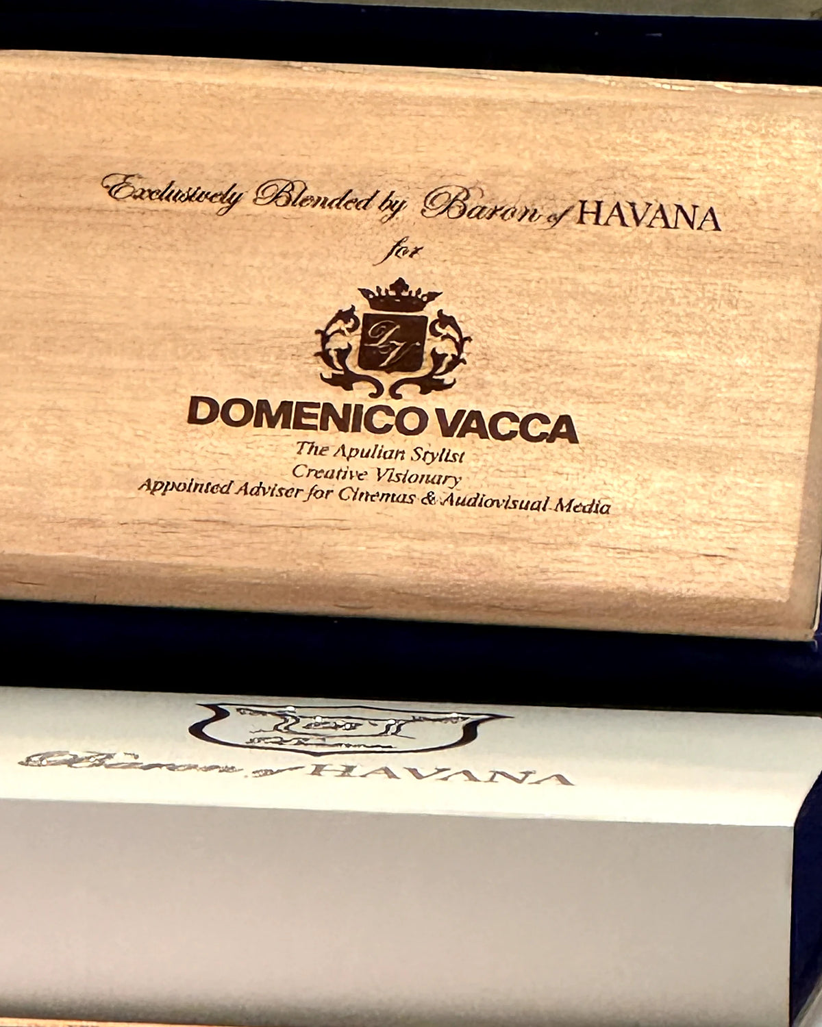 Engraved cedar lid: Exclusively Blended by Baron of HAVANA for Domenico Vacca