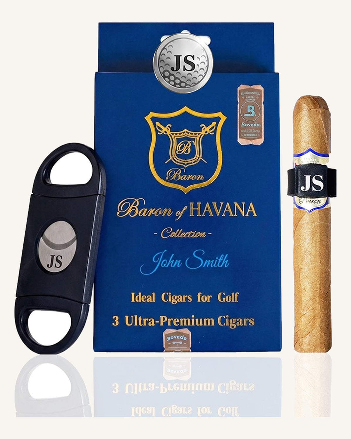 The Golf Collection pack personalized for John Smith, with a monogrammed cutter, ball marker and cigar band.