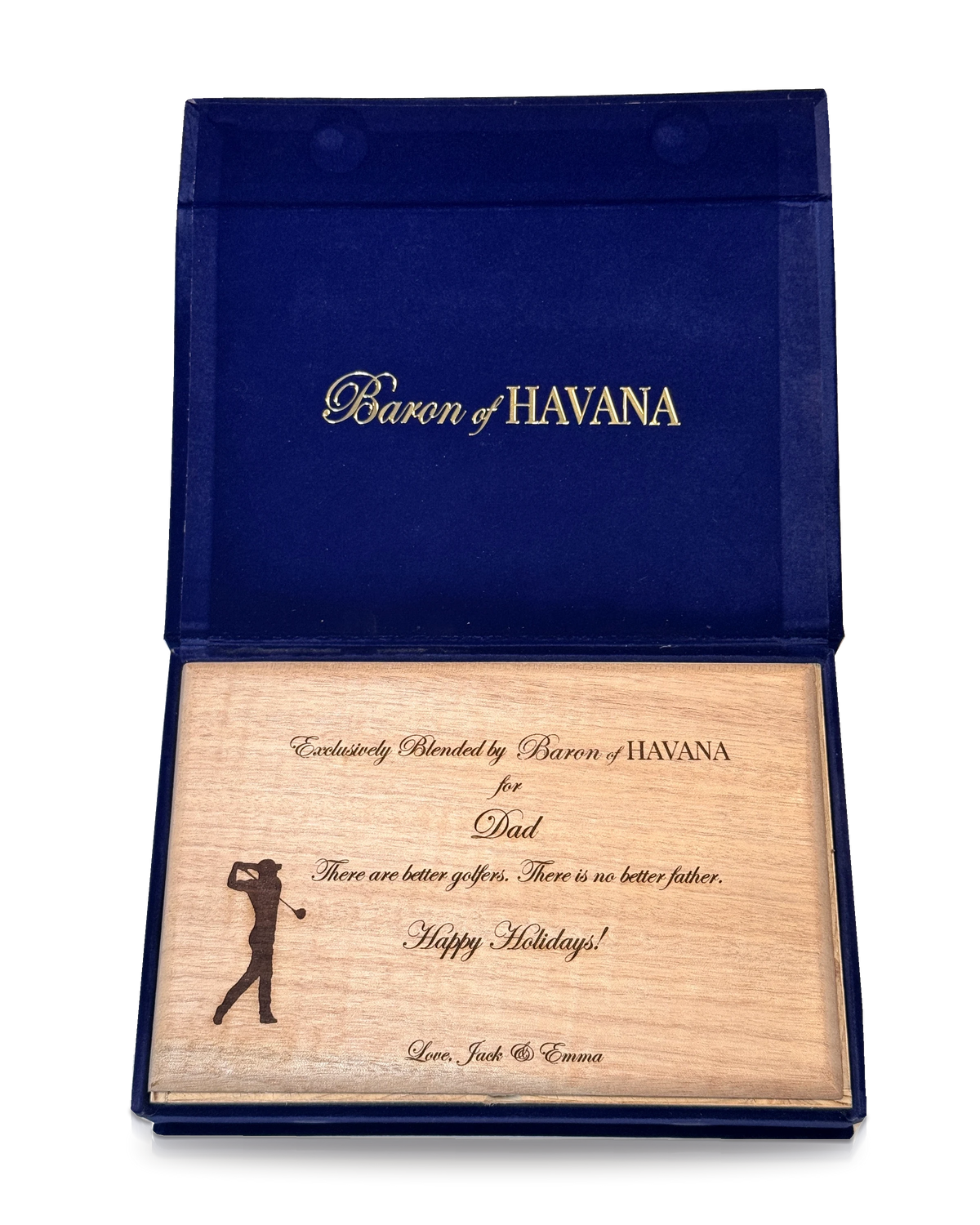 The same lid engraved for Dad with a golfer and a holiday message