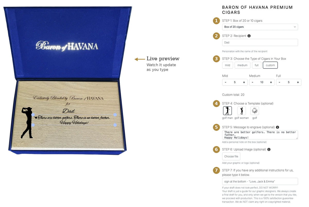 The Baron of HAVANA personalization form with a live preview of the engraved lid
