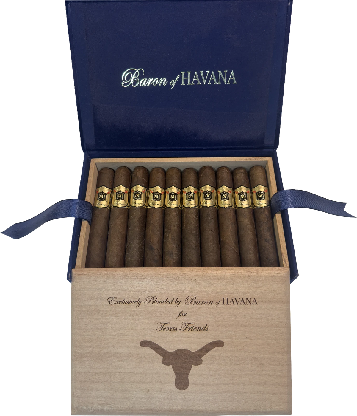 Engraved Baron of HAVANA box: Exclusively Blended for Texas Friends, with a longhorn laser engraved on the cedar lid
